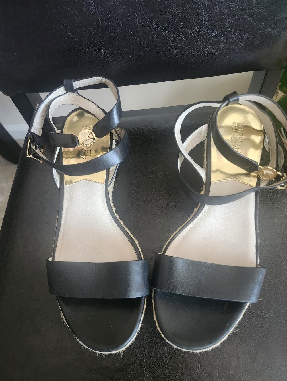 Michael Kors Black and Gold Ankle-Strap Sandals